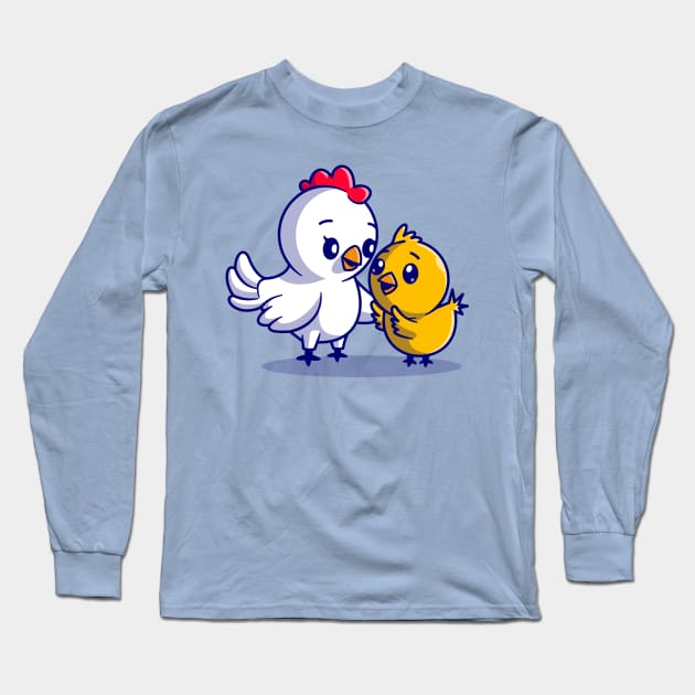 Cute Mother Chicken With Hen Cartoon Long Sleeve T-Shirt by Catalyst Labs